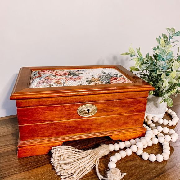 Vintage Storage & Organization Antique Wooden Floral Needlepoint